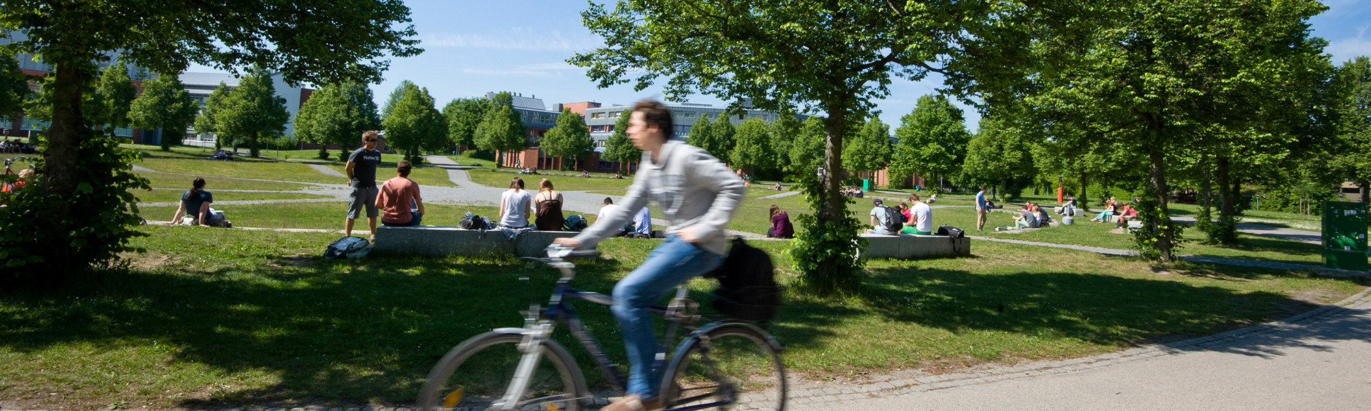 Studenten sitzen im Sommer am Campus